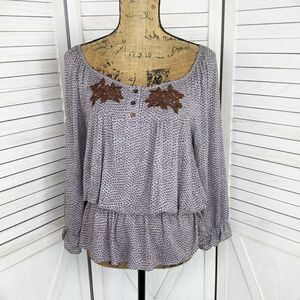Mine Embroidered Peplum Printed Peasant Blouse Gray Brown Medium